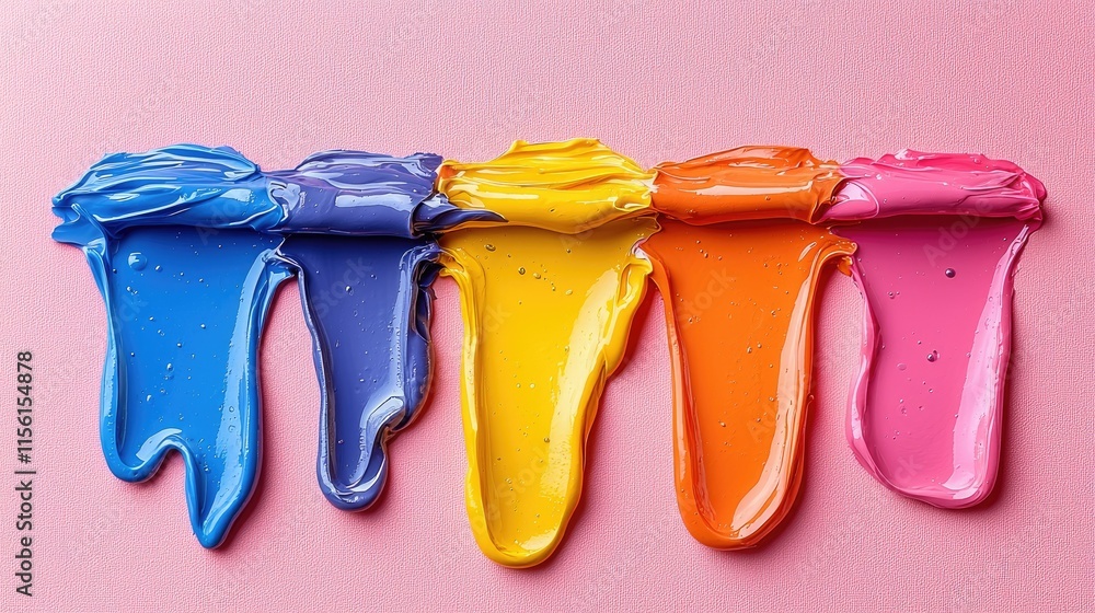 Poster a vibrant display of colorful paint blobs on a pink background.