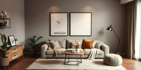 Chic living and dining room with black and white photos on grey wall, brown couch, wooden table, cozy, interior design, stock photo