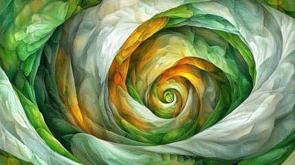 Abstract swirling spiral of green, yellow, and white paint textures.