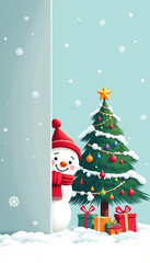Obraz premium Illustration of Adorable cute smiling Snowman in a snowy festive background.
