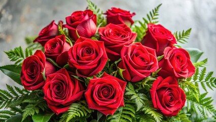 Vibrant red roses arranged in a classic bouquet with greenery and foliage