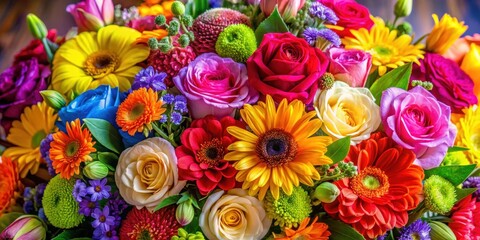 Vibrant mix of colorful flowers arranged in a lush bouquet , flower bunch