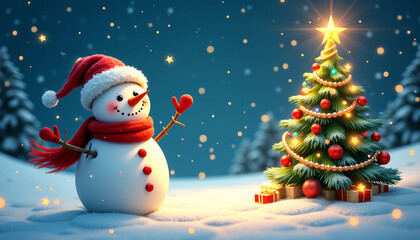 Fototapeta premium Illustration of Adorable cute smiling Snowman in a snowy festive background.