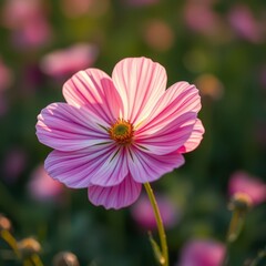 Fototapeta premium Close-up of a single cosmos flower blossom in a garden bed , flower details, cosmos flower close up, tiny blooms, floristry, single bloom