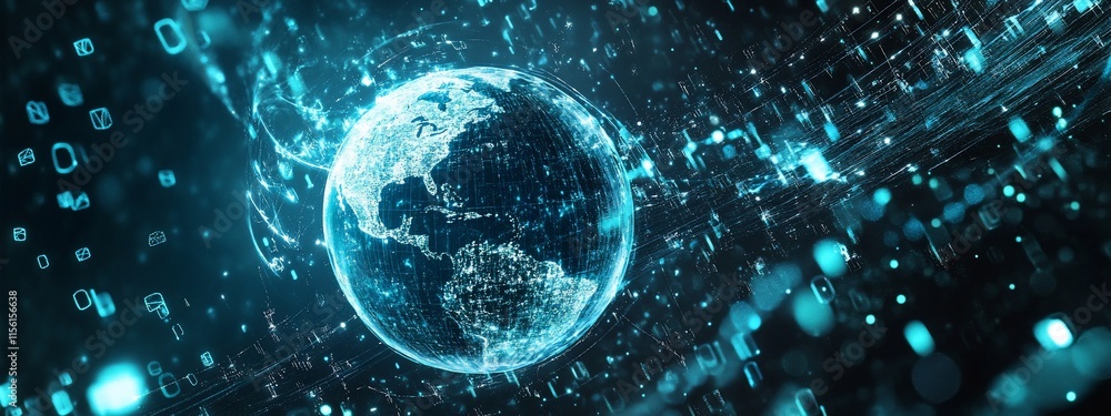 Poster Digital globe surrounded by binary code.