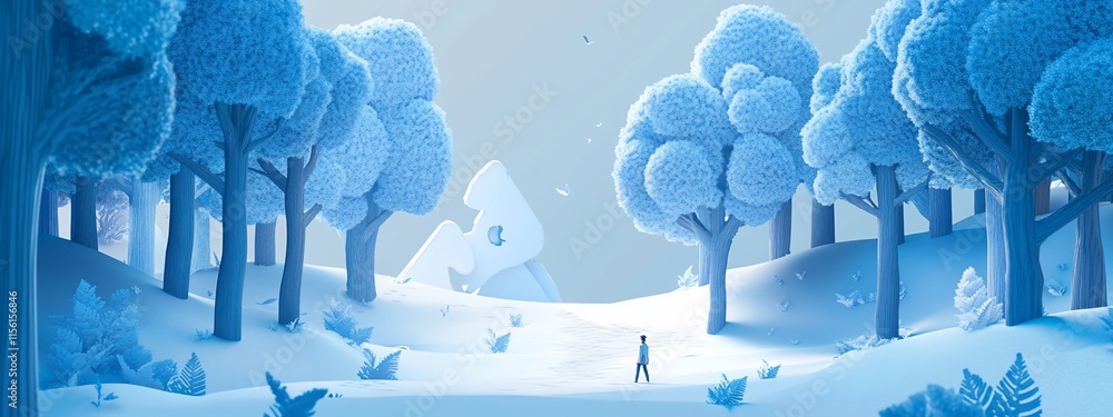 Poster surreal winter landscape with a person walking through a blue forest.