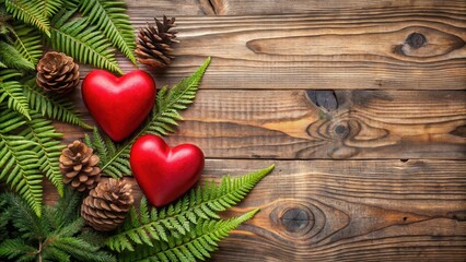 Rustic wooden background with two large red hearts carved into the wood, surrounded by natural elements like pinecones and ferns , Wooden Background, Love
