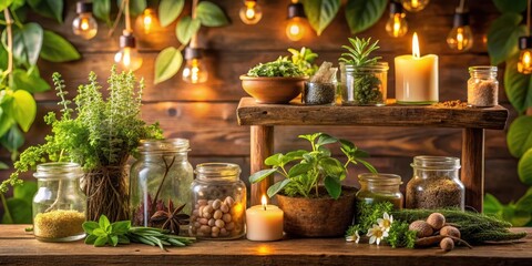 Fototapeta premium Aromatic plants and herbal capsules arranged on a wooden shelf in a cozy natural setting with warm candlelight and soft foliage, wooden decor, whimsical