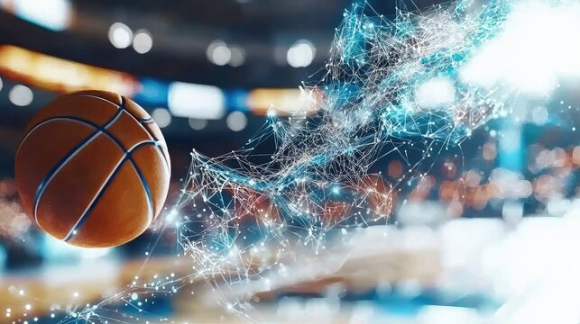 Basketball in motion with digital network effect in arena. - Powered by Adobe