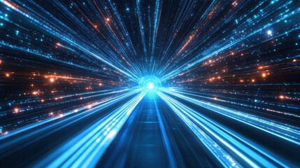 Data streams converge in a futuristic tunnel of light.