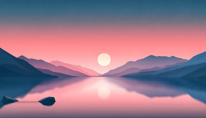 Serene Sunset Over Mountain Lake Silhouette