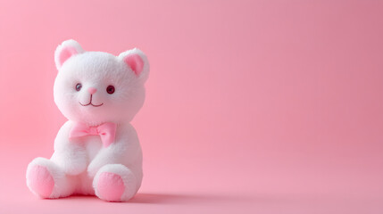 Obraz premium A cute white teddy bear sits on a pink background