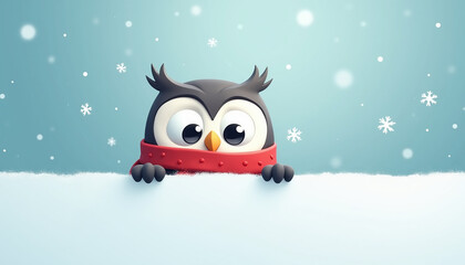 Fototapeta premium Adorable cute owl in a snowy festive background.
