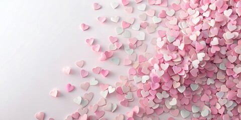 Obraz premium Pastel pink heart confetti scattered on a white background with subtle gradient effects