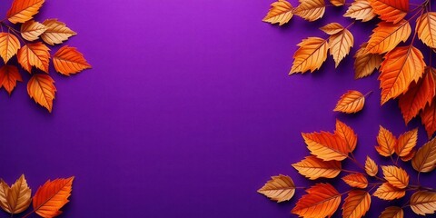 Dry orange metallic leaves arranged in a beautiful pattern against a violet background, texture, design