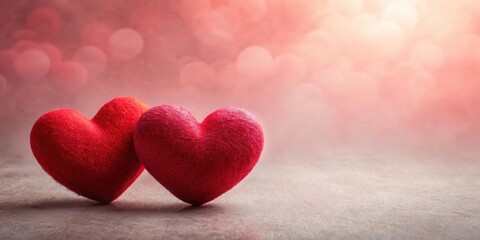Fototapeta premium Two red hearts symbolizing unity and love, surrounded by a soft pink background with subtle texture