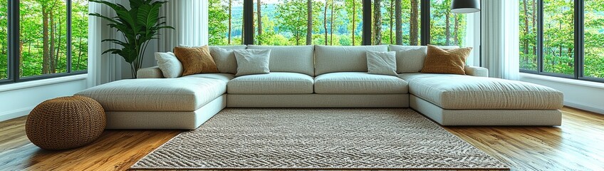 Serene Scandinavian Minimalist Living Room with Modern Beige Sofa and Scenic Views