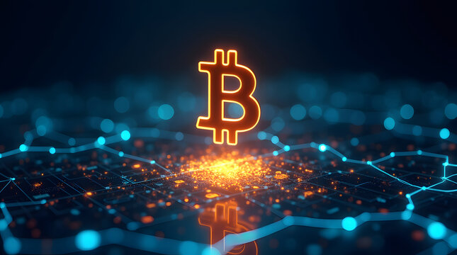 A glowing Bitcoin symbol hovering above a futuristic digital grid, surrounded by neon blue and gold lights. The background features abstract data streams and blockchain-inspired patterns