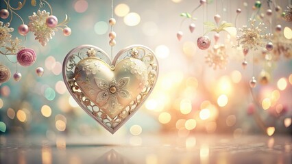 A delicate floating heart with intricate details and soft pastel colors, suspended in mid-air against a neutral background, romantic decor, soft hues