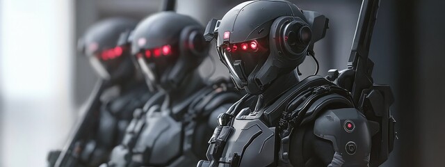 Fototapeta premium Futuristic soldiers in dark armor with red lights stand in formation.