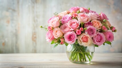 Beautifully arranged pink rose bouquet in a elegant vase, summer flowers, wedding flowers