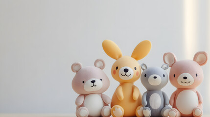 Adorable pastel colored stuffed animal toys sit together