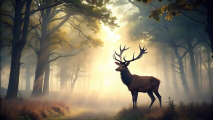 Mysterious red deer stag silhouette stands alone in the misty forest atmosphere with soft fog gently rolling around its majestic antlers , outdoor scene, forest scenery