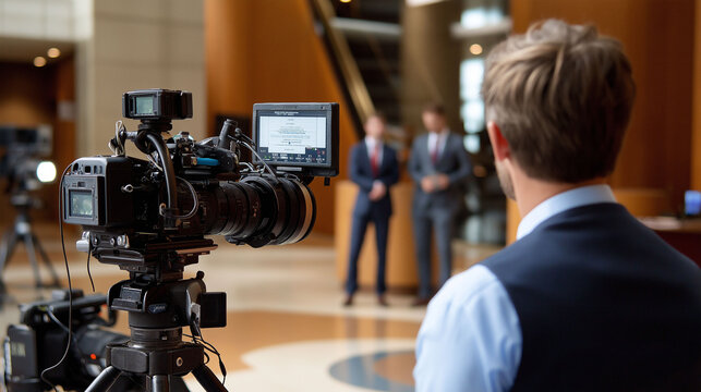 Professional interview taking place in a modern office setting with a camera setup