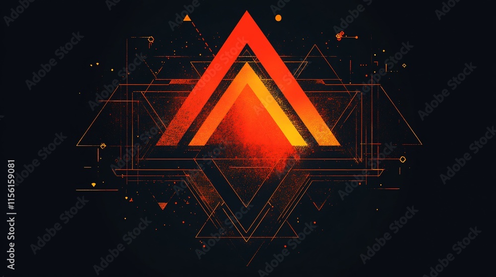 Poster abstract fiery orange triangle in dark geometric background.