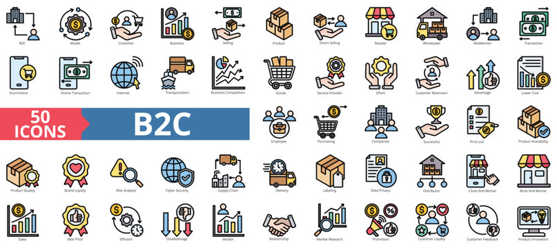 B2C icon collection set. Containing business model, customer, service, selling, product, direct selling, retailer icon. Simple flat outline vector illustration 