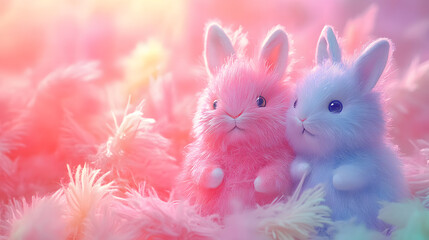 Two Fluffy Bunnies Nestled Among Pink Feathers