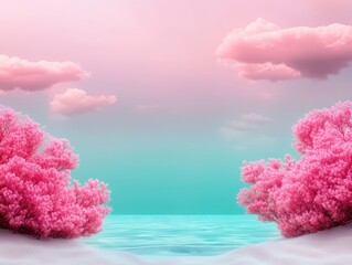 Fototapeta premium A surreal landscape with pink trees and calm turquoise waters under soft pastel clouds.