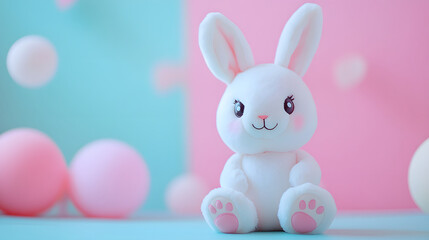 Obraz premium Adorable White Plush Bunny Toy Among Pastel Balloons