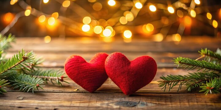Cozy valentines day atmosphere with two red hearts on a wooden background, surrounded by soft golden lighting and elegant greenery, decor, token of affection
