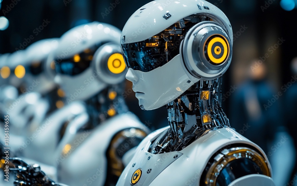 Poster Row of advanced humanoid robots with intricate mechanical details, futuristic design.