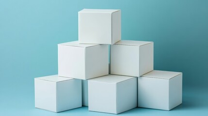 Obraz premium Stack of blank white boxes on a blue background.