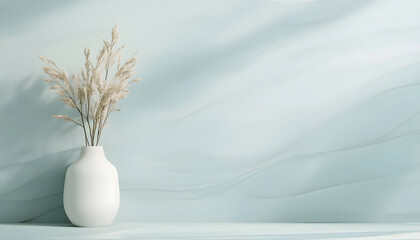 Dried Pampas Grass in White Vase Against Blue Wall