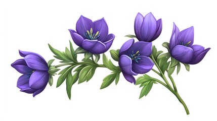 Purple Flowers Branching Stem Green Leaves Botanical Illustration
