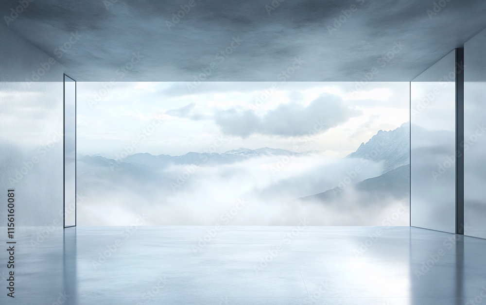 Poster empty modern room with large window showcasing a scenic mountain view and clouds.