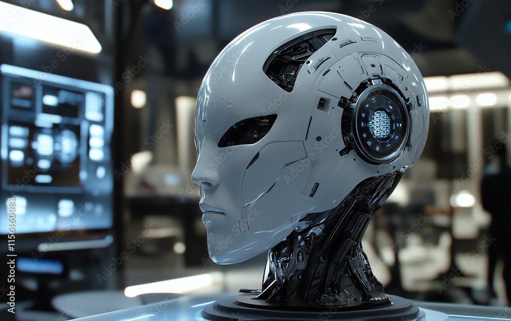 Aufkleber futuristic robotic head displayed on a stand in a high-tech lab.