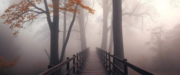 Mystical Wooden Bridge in Autumn Fog