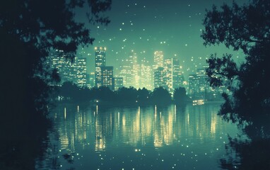 Night cityscape reflected in calm water, viewed through trees.