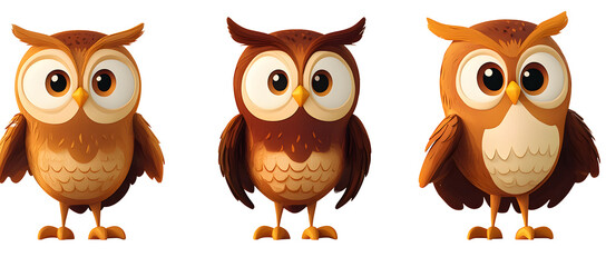Fototapeta premium Cute cartoon owl character in multiple angles for kids' illustration and educational materials