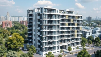 Modern module apartment block with sleek design and modular units stacked neatly on top of each other, creating a visually striking urban landscape, contemporary, module, landscape