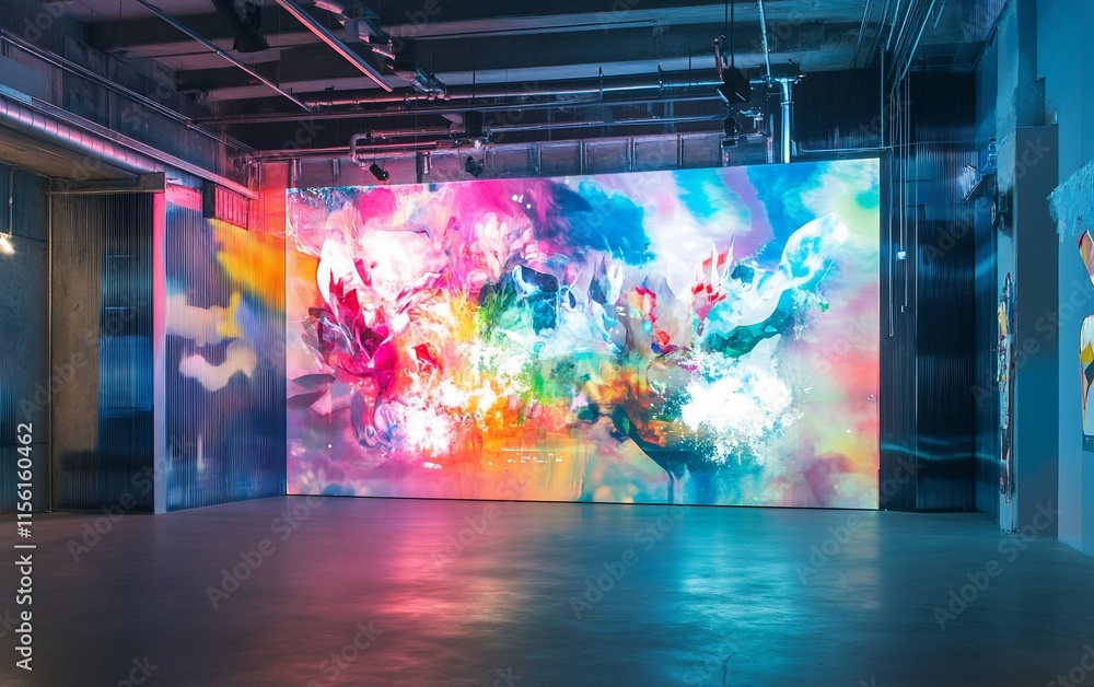 Poster vibrant abstract artwork displayed on a large screen in a modern, industrial-style gallery space.