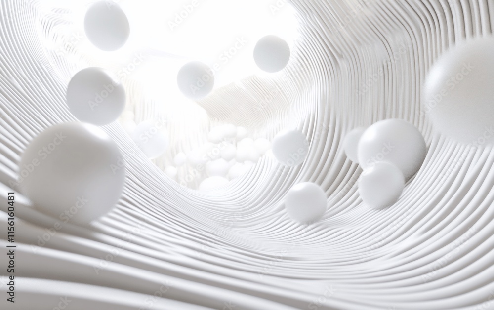 Poster abstract white spheres floating in a wave-like tunnel.