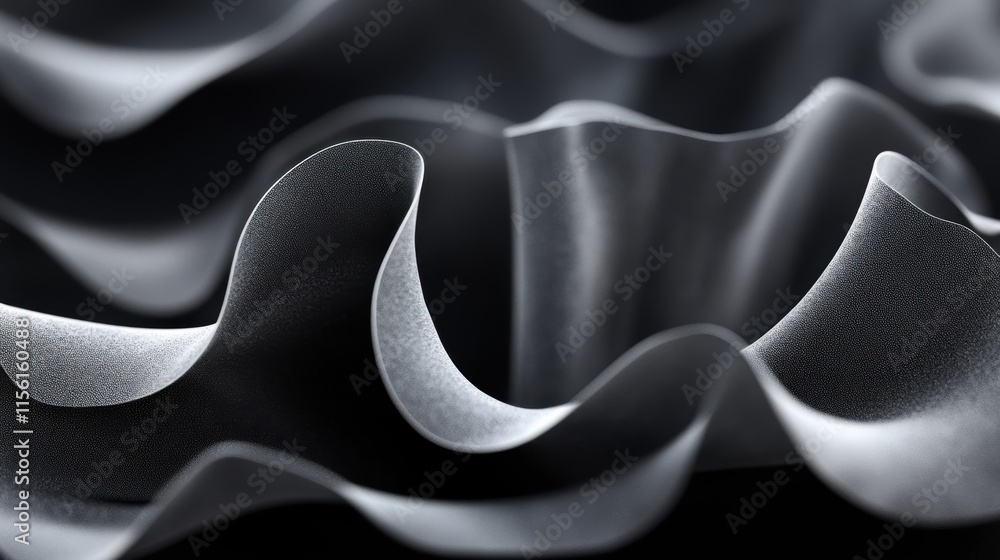 Poster dark ruffled fabric close-up showing intricate texture and wave patterns
