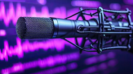 Close-up of a professional microphone in a recording studio with purple waveform background.