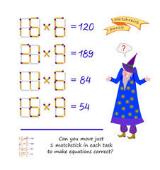 Logic puzzle game with matches. Can you move just 1 matchstick in each task to make equations correct? Exercises on multiplication. Brain teaser for developing spatial thinking. Vector image