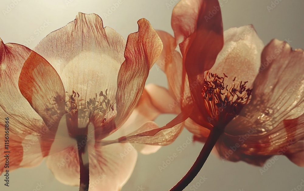 Aufkleber close-up of two delicate, translucent poppies backlit by sunlight, showing intricate details of peta